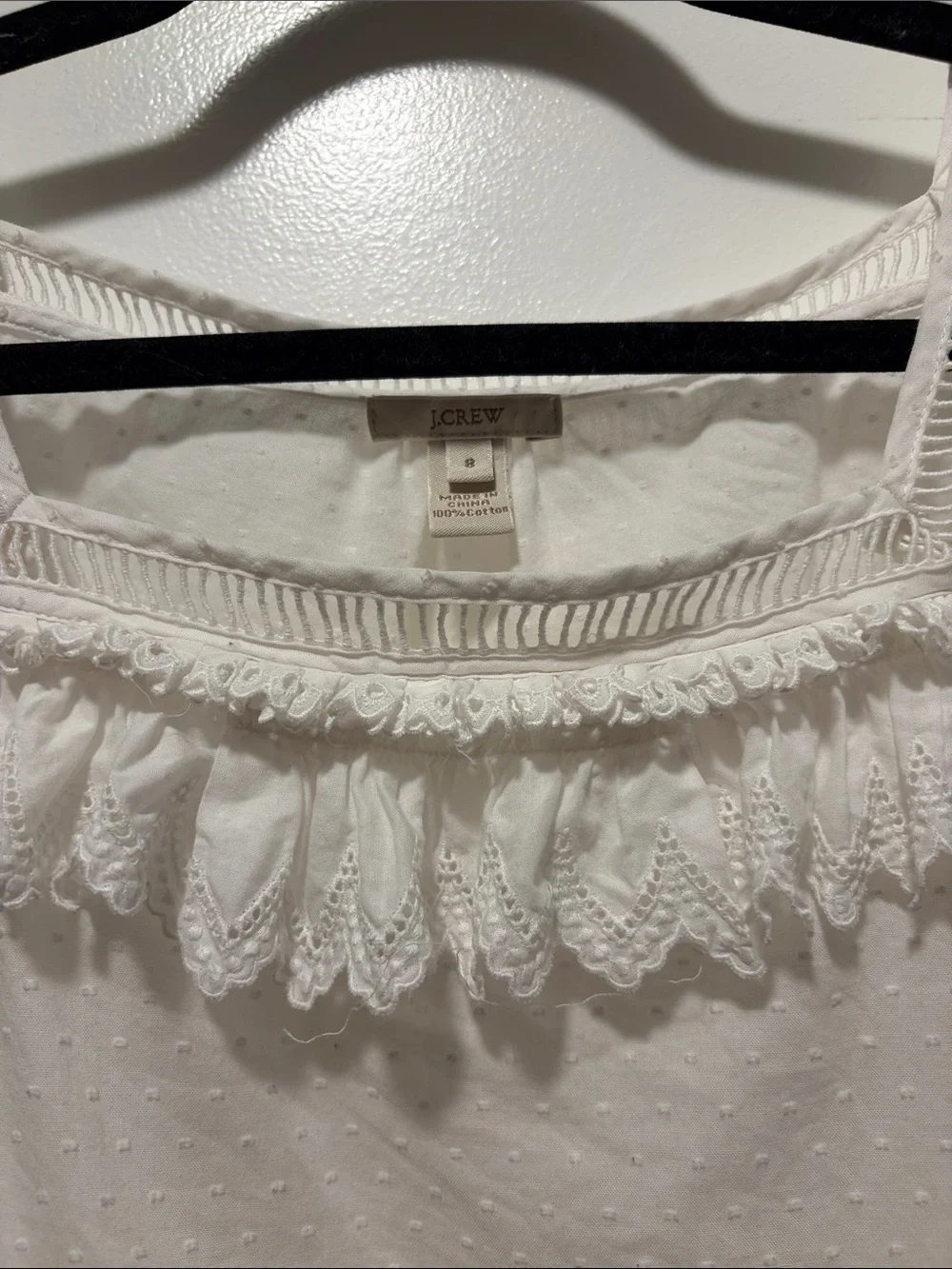 J. Crew White Swiss Dot Lace-Trim Peasant Top